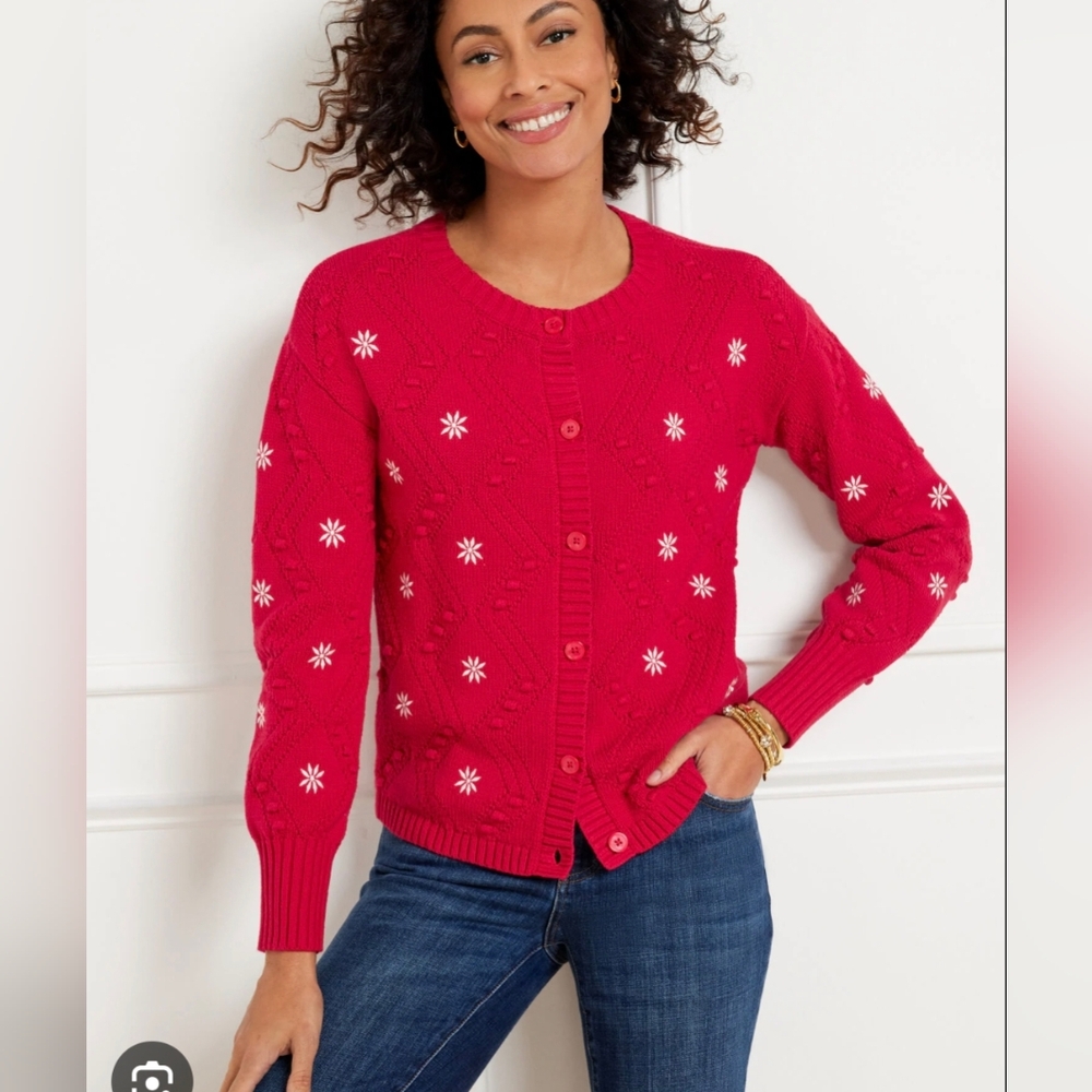 Talbots Cardigan Sweater 3X Red Embroidered Bobble Cottagecore Holiday Christmas